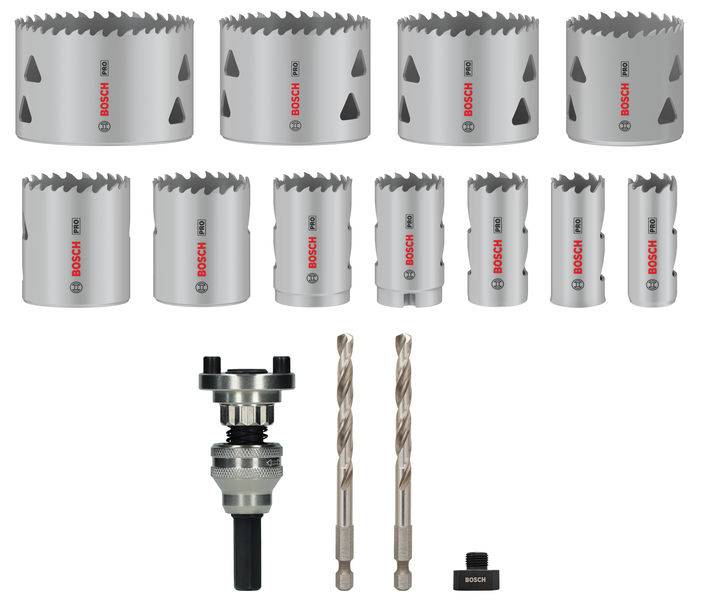 Ein Set von Bosch Lochsägen in verschiedenen Größen mit zwei Bohrern und einem Adapter. Geeignet für Holz- und Metallbearbeitung.