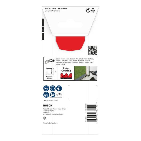 Verpackung eines Bosch Sägeblatts mit rotem Kopf, geeignet für verschiedene Marken. Details zur Größe: 32 mm, QR-Code vorhanden.