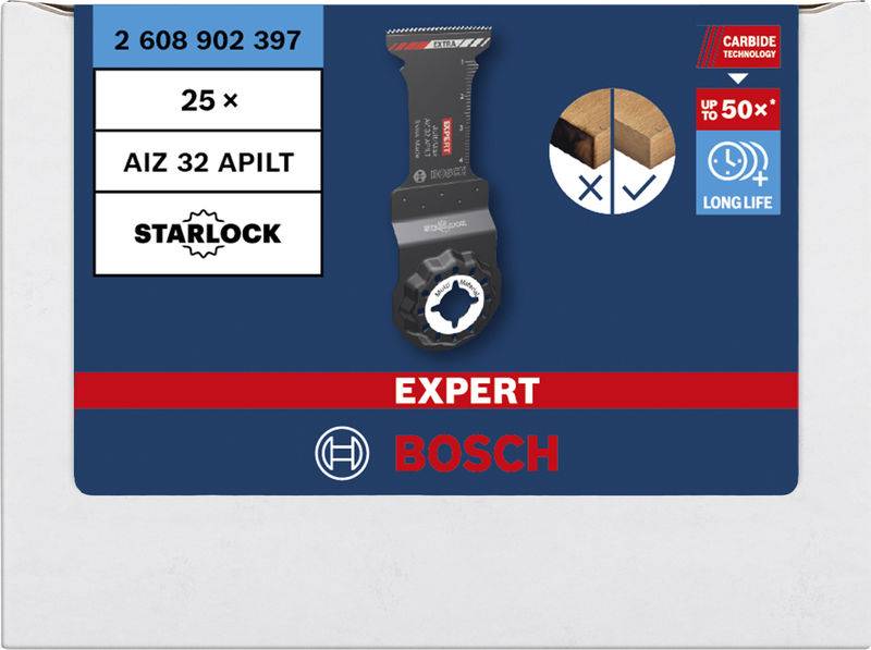 Bosch 'Expert' Starlock-Sägeblatt für Holz, 25 Stück. Verpackung bietet Details zu Größe und Langlebigkeit.