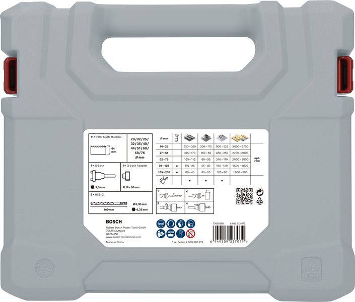 Grauer Werkzeugkoffer von Bosch mit aufgedruckter Tabelle. Tabelle zeigt Spezifikationen, Produktabbildungen und technische Daten zu Werkzeugen.