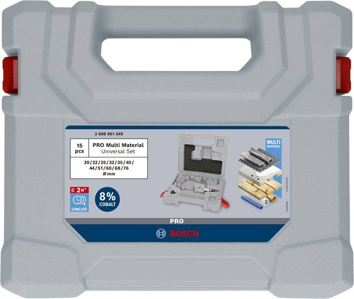 Werkzeugkoffer von Bosch mit Universalset für mehrere Materialien; enthält diverse Sägeblätter. Etikett zeigt '15 pcs PRO Multi Material Universal Set'.