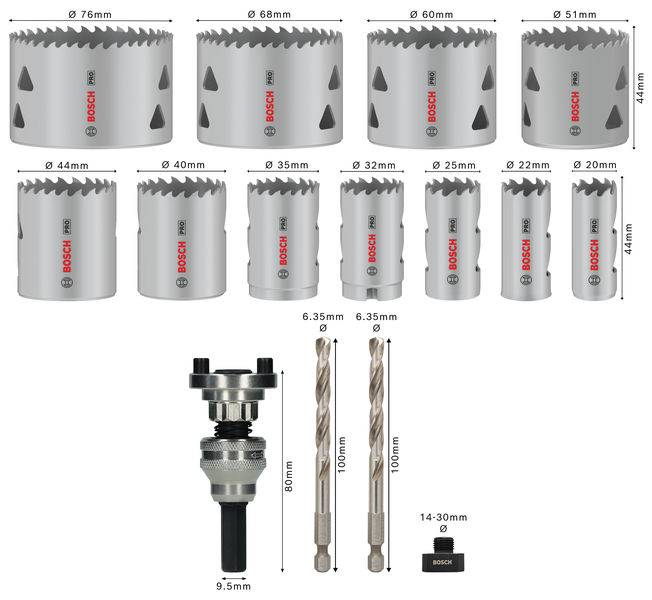 Satz Lochsägen-Set mit verschiedenen Größen (von 20 mm bis 76 mm), zwei Bohrer, ein Adapter und ein Lochsägenhalter. Geeignet für diverse Materialien.