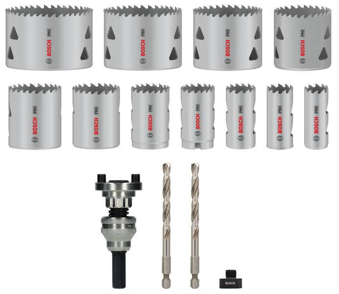 Bohrer-Set von Bosch mit mehreren Lochsägen in verschiedenen Größen, zwei Bohrern und einem Adapter, angeordnet in zwei Reihen.