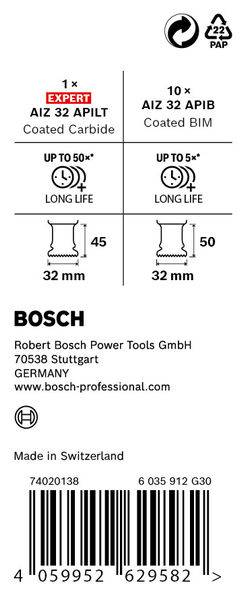 Etikett mit Details zu Bosch-Sägeblättern: '1x AIZ 32 APLIT, 10x AIZ 32 APIB'. Zeigt Abmessungen, Material und Lebensdauer. Hergestellt in der Schweiz.