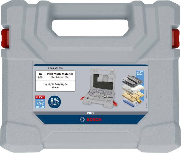 Grauer Koffer mit Aufschrift 'PRO Multi Material Electrician Set'. Geöffnet zeigt er Bohrer und Bits aus 8% Kobalt für verschiedene Materialien.