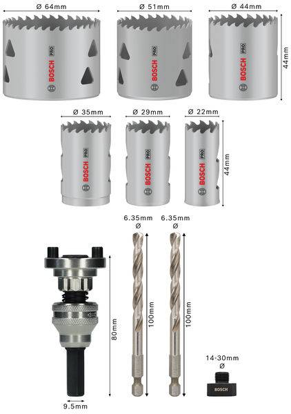 Abbildung zeigt ein Set von Bosch Lochsägen und Zubehör. Verschiedene Größen: 64mm, 51mm, 44mm, 35mm, 29mm, 22mm. Enthält auch Adapter und Bohrer.