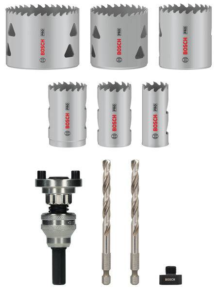 Bosch Lochsäge-Set mit sechs Lochsägen, Adapter und zwei Bohrern. Werkzeuge für präzises Schneiden in verschiedenen Materialien.