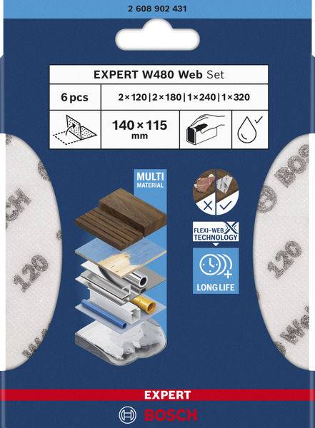 Verpackung von Schleifpapier: 'EXPERT W480 Web Set' von Bosch, enthält 6 Stück, Größen: 2 x 120, 2 x 180, 1 x 240, 1 x 320, 140 x 115 mm.