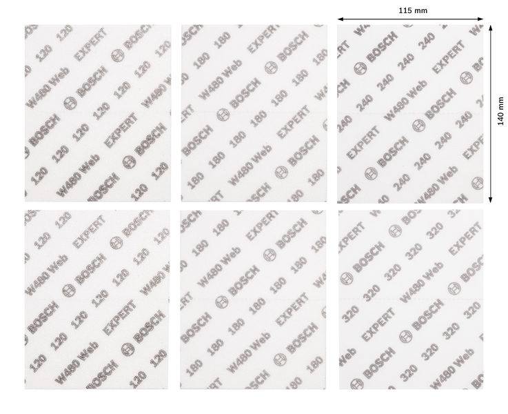 Sechs Schleifblätter von Bosch mit verschiedenen Körnungen (120, 180, 240, 320) angeordnet, Maße 140 mm x 115 mm.