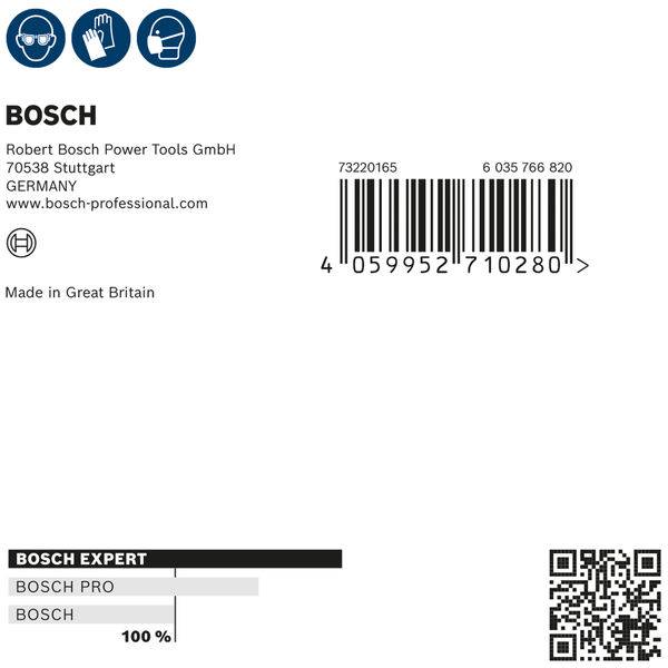 Etikett für Bosch-Produkt mit Barcode, Herstelleradresse: Robert Bosch Power Tools GmbH, Stuttgart, Deutschland. Made in Great Britain.
