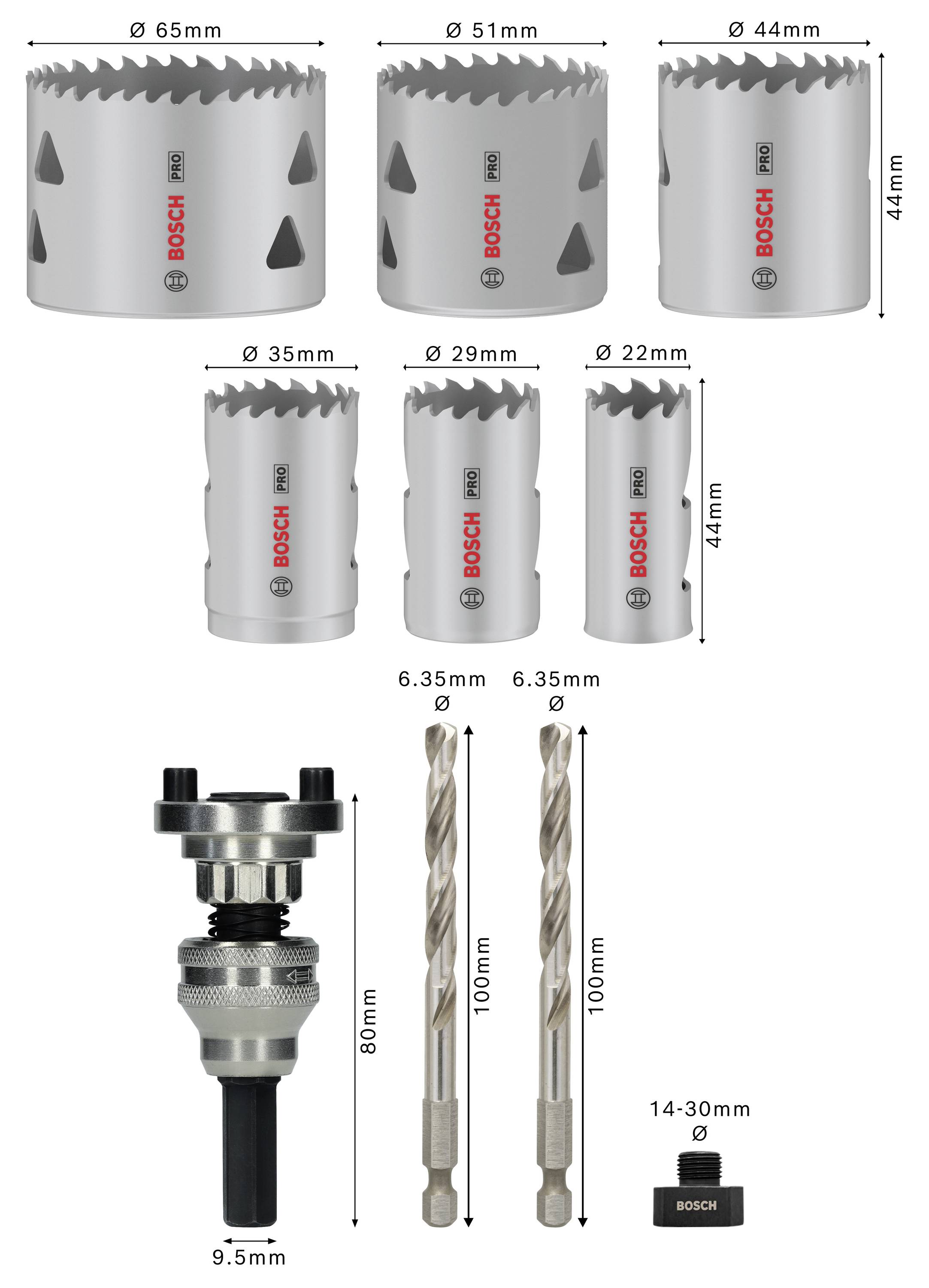 Satz von sechs Lochsägen mit Durchmessern von 22 bis 65 mm, Schraubendreheradapter und zwei Bohrern. Bosch-Logo auf den Sägen.