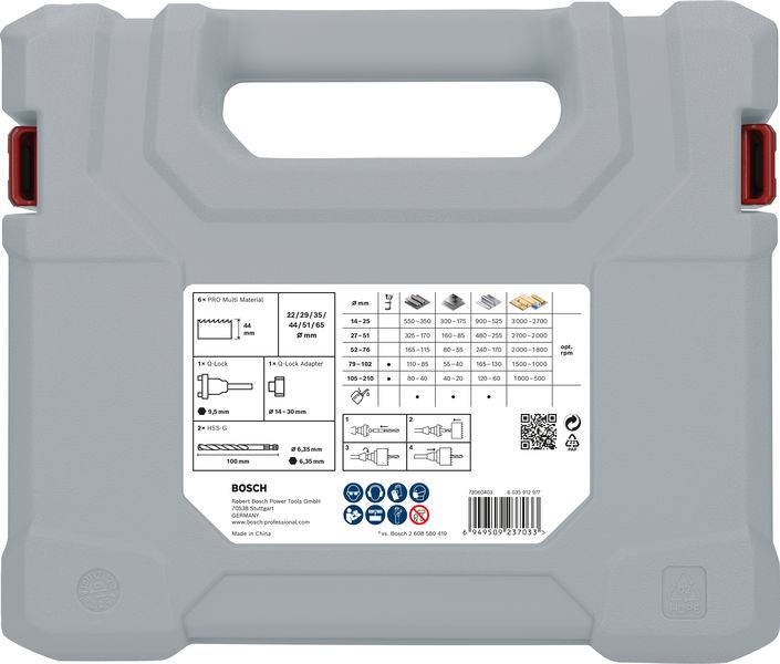 Grauer Werkzeugkoffer mit Tragegriff. Aufkleber zeigt Spezifikationen und Anwendungen für Bohrer der Marke Bosch, inklusive QR-Code.