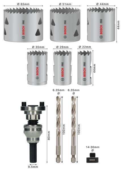 Lochsägen-Set von Bosch mit 7 Lochsägen in verschiedenen Durchmessern (22-65 mm), zwei Bohrern, einem Träger und einem Adapter.