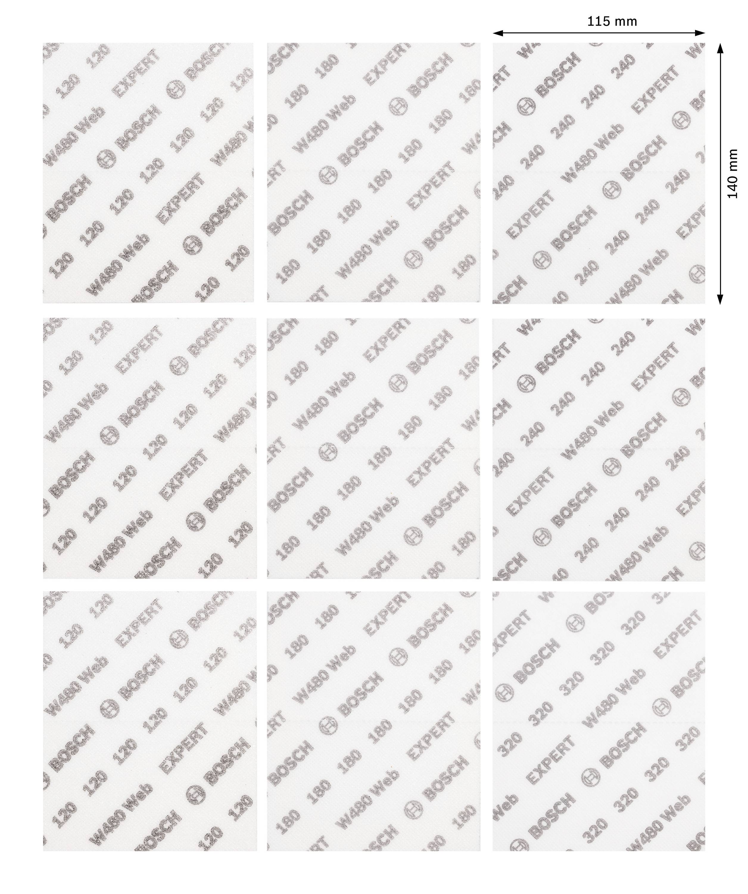'Bosch Expert' Schleifblätter, 115 mm x 140 mm, Korn 180 und 240, neun Blatt auf weißem Hintergrund verteilt.