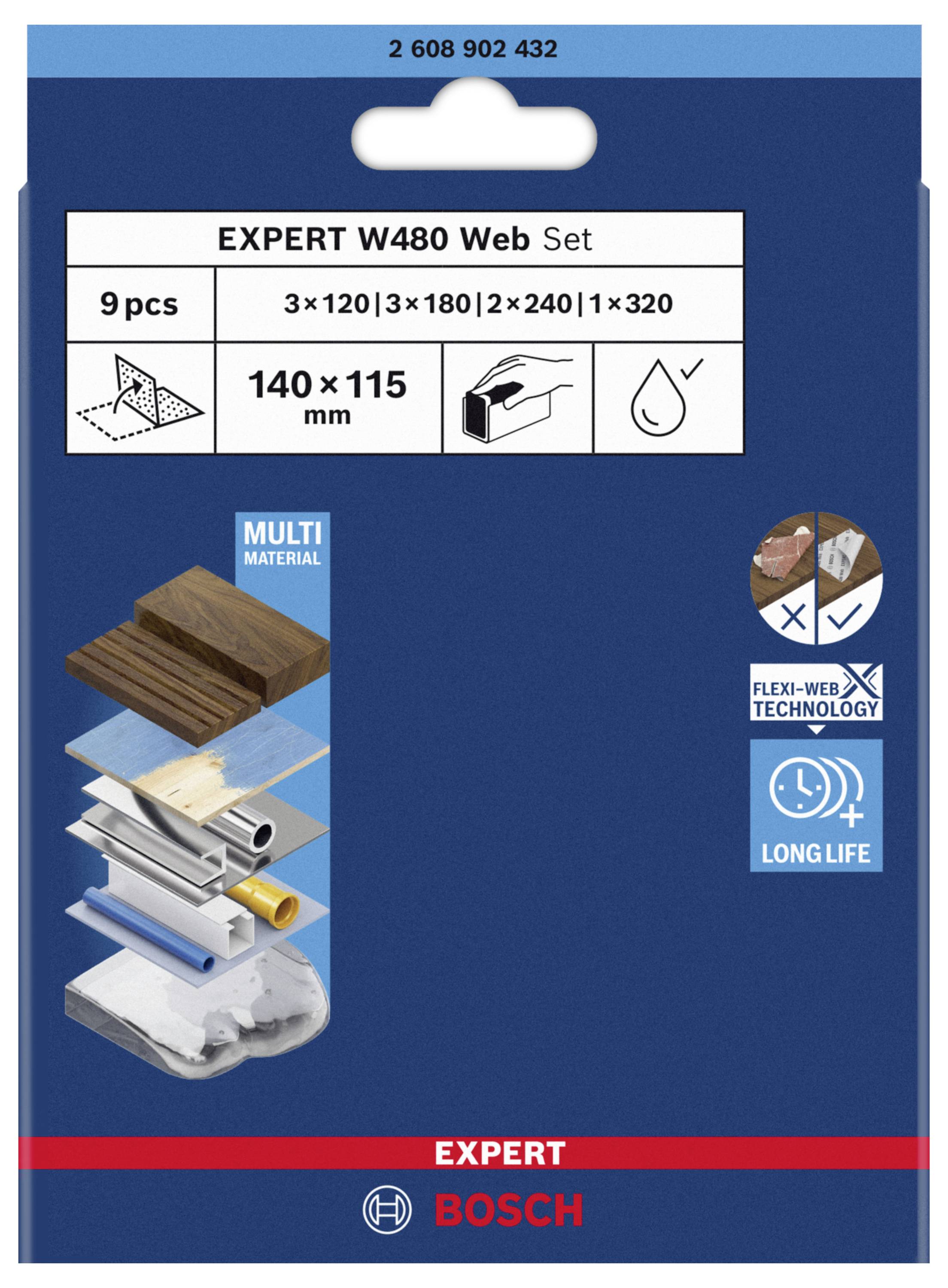 Verpackung eines Schleifpapier-Sets mit 9 Stück; jeweils drei Körnungen: 120, 180, 240, 320. Geeignet für verschiedene Materialien.