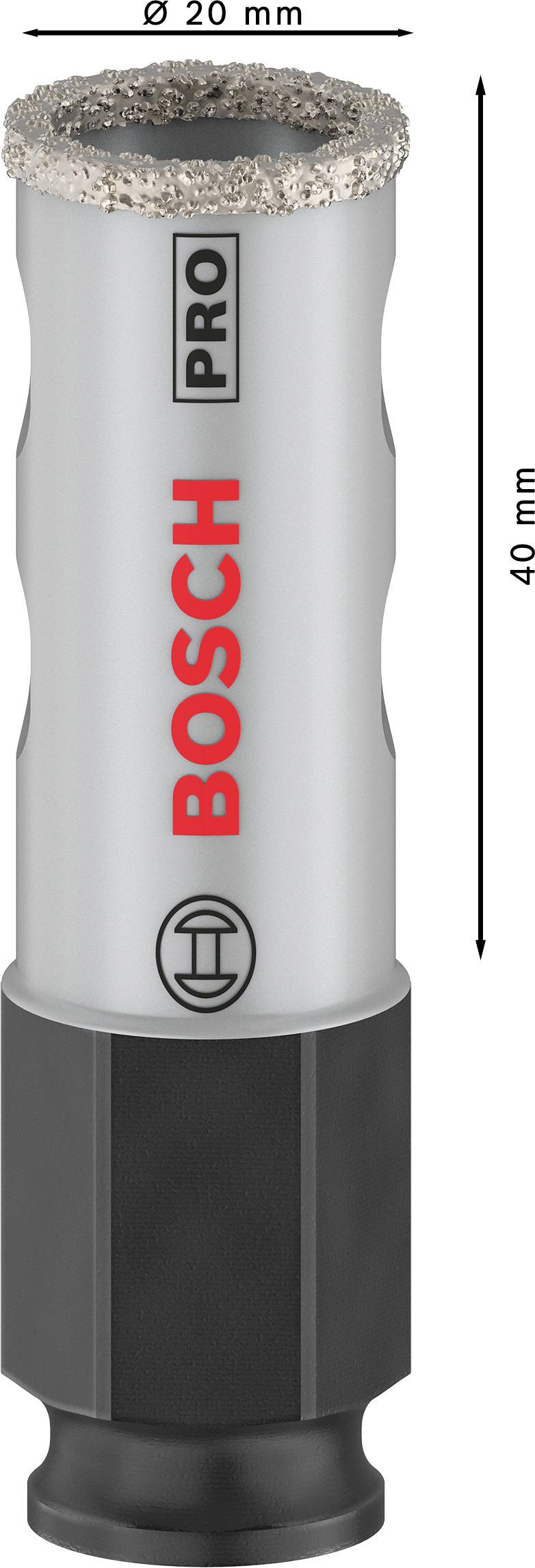 Diamantbohrkrone BOSCH PRO, 20 mm Durchmesser, 40 mm Länge, geeignet für präzises Bohren in harte Materialien.