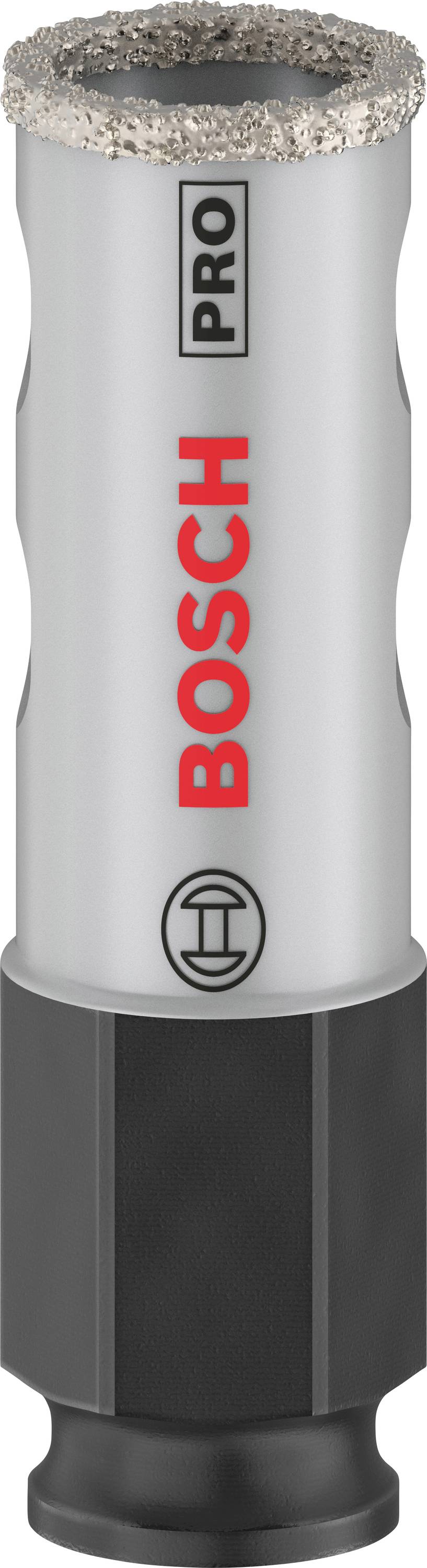 Grauer Bosch Pro Bohrer mit schwarzem Schaft und rotem Logo, geeignet für professionelle Anwendungen. Rund diamantbeschichtete Spitze.