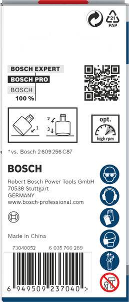 Verpackungsrückseite: Bosch-Logo, QR-Code, techn. Details zu Bohrer. Kontaktinfo: Bosch Power Tools Stuttgart, Deutschland. Symbole für Gebrauch.