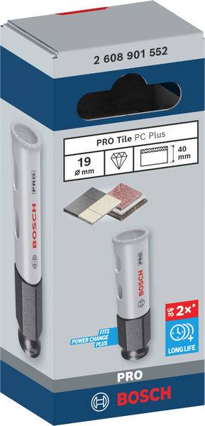 Bosch-Bohrkrone 'PRO Tile PC Plus', geeignet für Fliesen, Steinzeug. Durchmesser: 19 mm, Länge: 40 mm. Verpackung zeigt Produkt und Markenlogo.