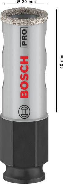 'Bosch Pro' Bohrkrone mit Diamantbeschichtung, 20 mm Durchmesser, 40 mm Höhe.