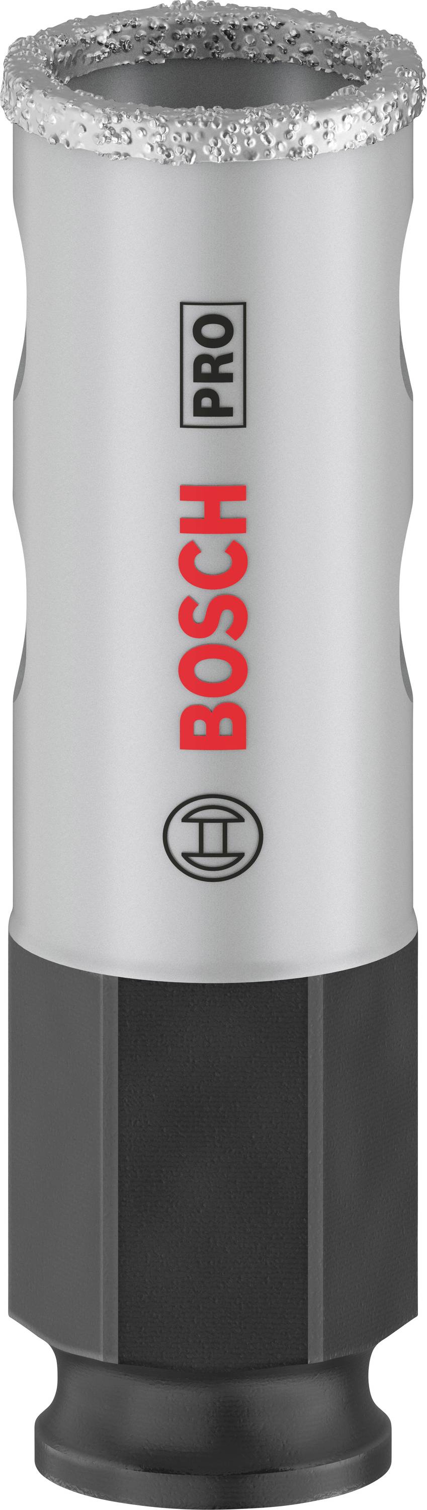 Ein Zylinderbohrer mit silbernem Schaft und schwarzem Griff, Bosch Pro-Logo in Rot und Schwarz. Verwendung für professionelle Bohrarbeiten.