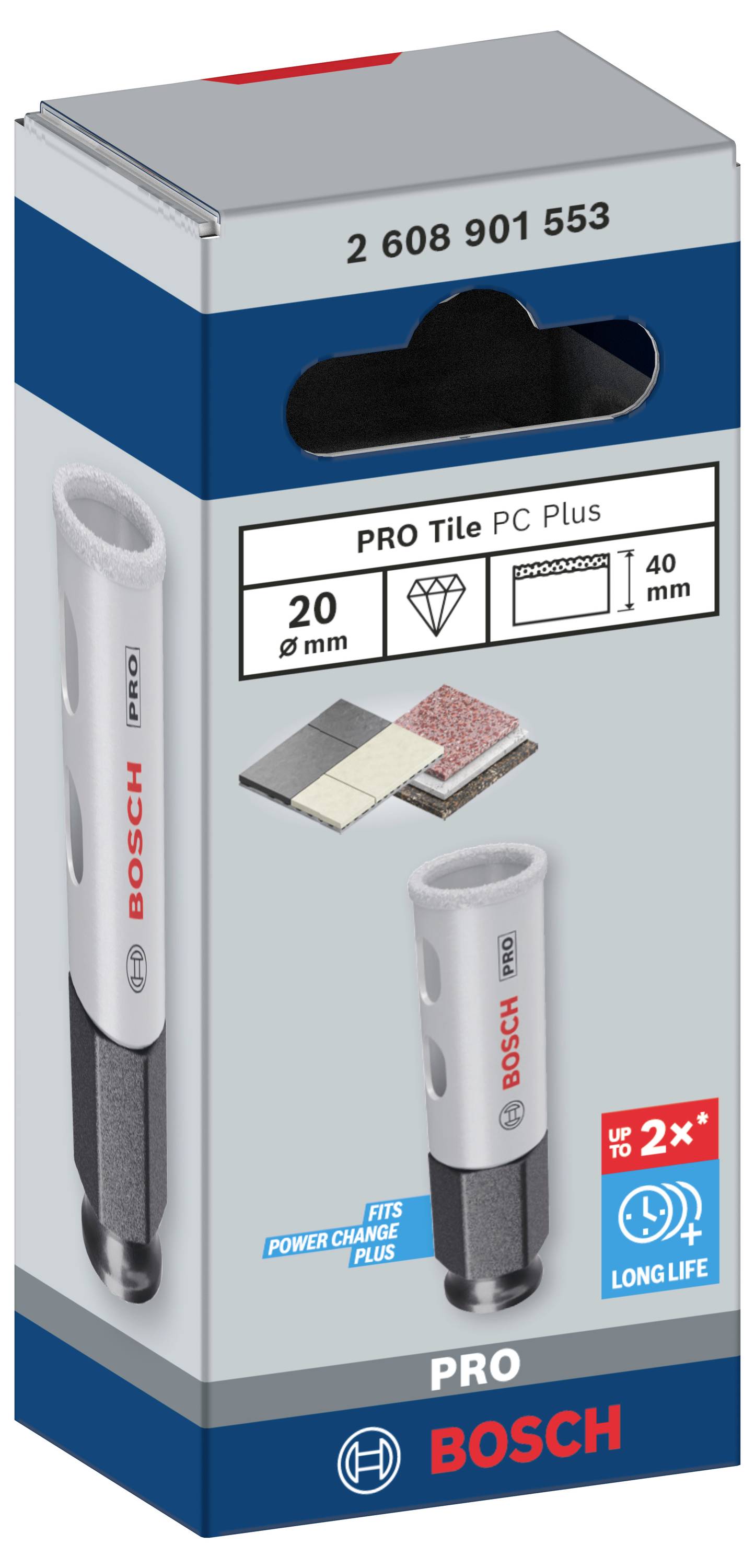 Verpackung eines Bosch PRO Fliesenbohrers. Zeigt Produktbild, Durchmesser (20 mm), Nutzlänge (40 mm) und passende Materialien.