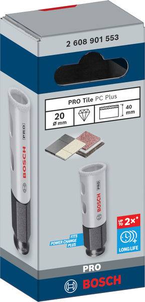 Verpackung eines Bosch Fliesenbohrers, 20mm Durchmesser, 40mm Tiefe, mit extra langlebiger Technologie und Anwendungsabbildungen.