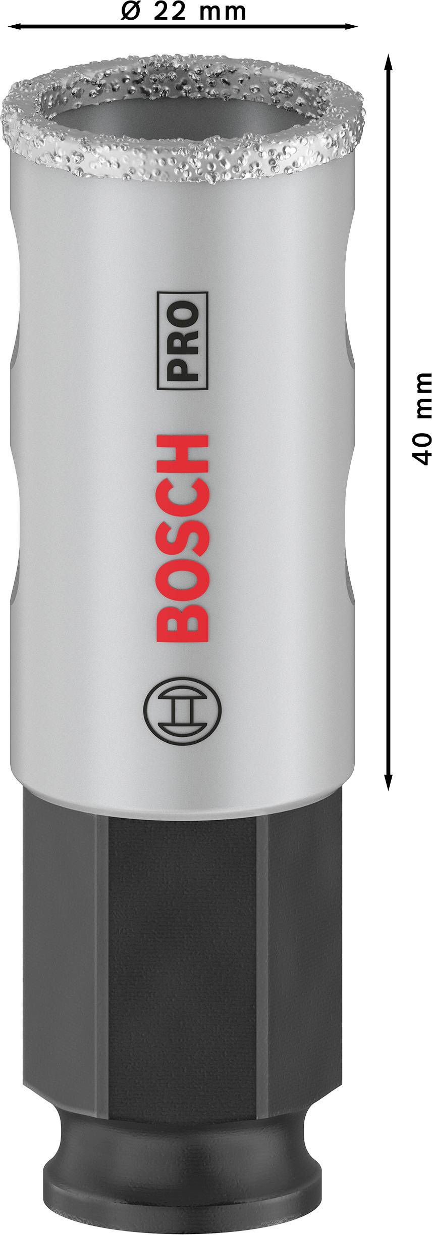 Graues, zylindrisches Bohrwerkzeug mit 22 mm Durchmesser und 40 mm Höhe, markiert mit 'Bosch Pro'. Oben diamantbeschichteter Rand.