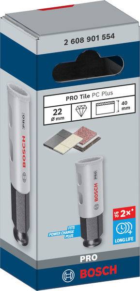 Verpackung eines Bosch Pro Tile PC Plus Bohrers, Durchmesser 22 mm, Produktabbildung und Symbole für Haltbarkeit und Kompatibilität.