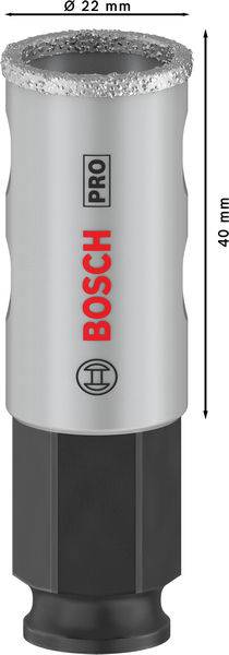 Ein grauer Bohrkopf der Marke Bosch mit rotem Logo. Länge 40 mm, Durchmesser 22 mm, geeignet zum Bohren von Fliesen.