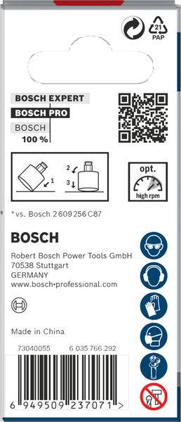 Verpackungsrückseite für Bosch Bohrfutter. Enthält QR-Code, Nutzungshinweise, Herstellerdetails aus Deutschland und Sicherheitssymbole.