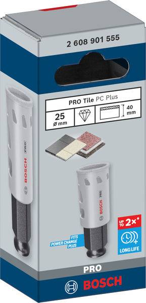 Bohrerpackung von Bosch für Fliesenbohrer 'PRO Tile PC Plus', 25 mm Durchmesser, 40 mm Arbeitslänge, Lange Lebensdauer hervorgehoben.