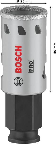 Bohrer mit diamantbeschichtetem Kopf, Markenname 'Bosch', 25 mm Durchmesser, 40 mm Länge, geeignet für harte Materialien.