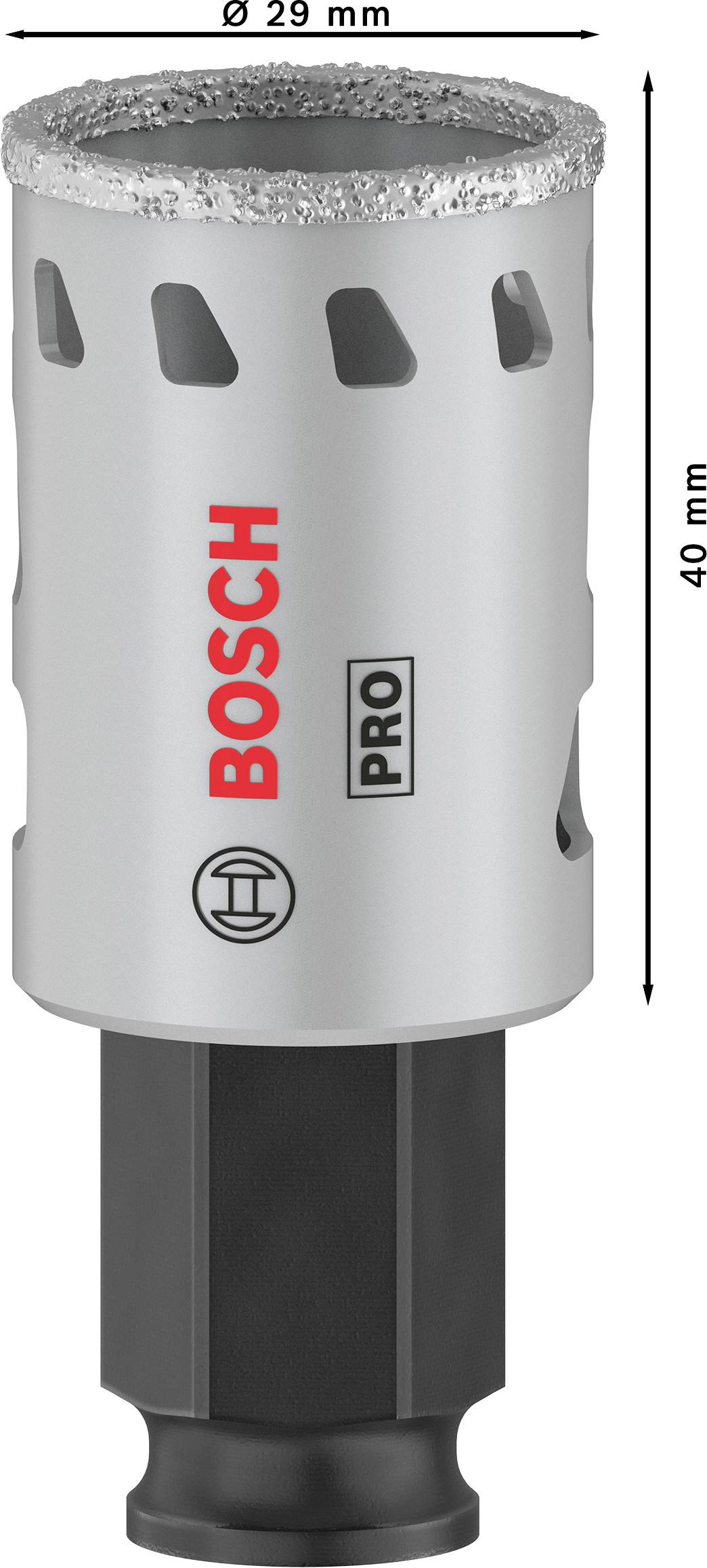 Graue Lochsäge von Bosch, markiert mit 'Pro', hat einen Durchmesser von 29 mm und eine Höhe von 40 mm.