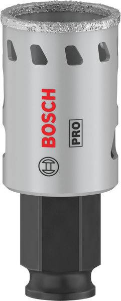 Bohrer mit silbernem Gehäuse, roten 'BOSCH' und 'PRO' Logos. Geeignet für professionelle Anwendungen zur präzisen Bearbeitung.
