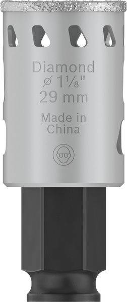 Bohrer mit Diamantkrone, Durchmesser 29 mm, aus China. Silbergraues Design mit schwarzen, sechseckigen Griff.