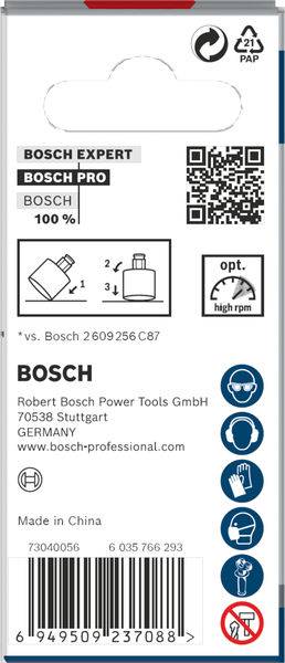 Verpackung für Bosch Pro Werkzeugaufsatz. Enthält Grafik des Produkts, QR-Code, Installationsanleitung und Sicherheitswarnungen.