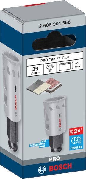 Verpackung einer Bosch Pro Tile PC Plus Fliesenbohrkrone. Zeigt Abbildungen des Produkts, Durchmesser 29 mm, Schnitttiefe 40 mm.