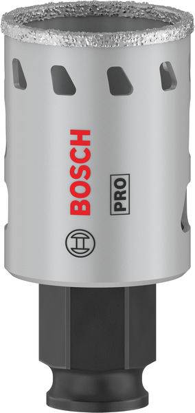 Bohrkrone von Bosch Pro mit Metallschaft und Diamantbeschichtung, geeignet für präzises Bohren in harte Materialien.