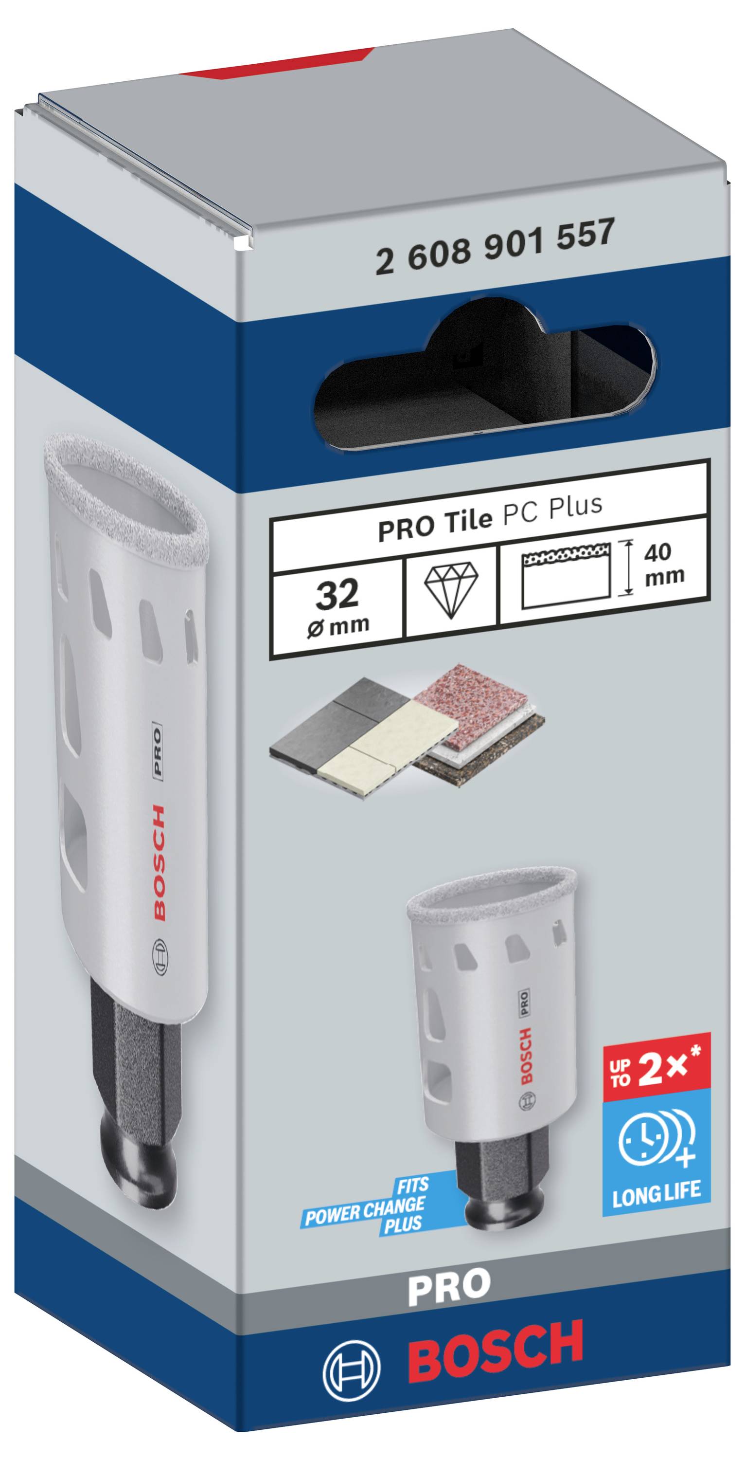 Verpackung von Bosch PRO Diamantbohrkrone, 32 mm Durchmesser, 40 mm Tiefe. Geeignet für Fliesen, mit Power-Change-Adapter.