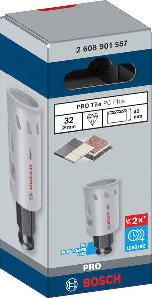 Verpackung eines Bosch PRO Tile Bohrers, 32 mm, für Fliesen und Stein. Produkt ist langlebig und passend für Power Change Plus.