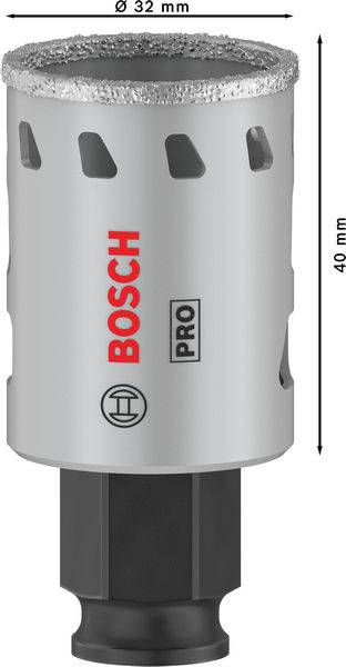 Bohrkrone von Bosch mit Durchmesser 32 mm und Höhe 40 mm, mit grauem Gehäuse und schwarzem Schaft, geeignet für professionelle Anwendungen.