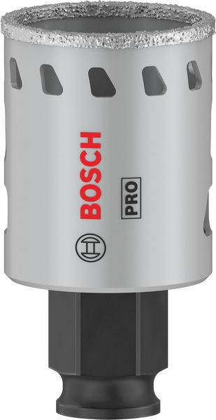 Bohrerkrone von Bosch mit diamantbesetztem Rand, geeignet für Profi-Einsatz. Silbernes Gehäuse mit rotem Bosch-Logo und 'PRO'-Aufschrift.