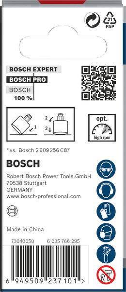 Verpackung eines Bosch-Expertenprodukts mit QR-Code, Symbolen für Umweltverträglichkeit und Recycling, und einem Hinweis auf hohe Drehzahl.