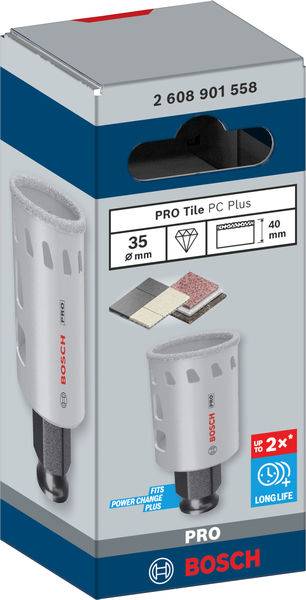 Bohrerpackung von Bosch, Modell 'PRO Tile PC Plus', Durchmesser 35 mm, für Fliesen. Bild von Fliesenoberflächen.