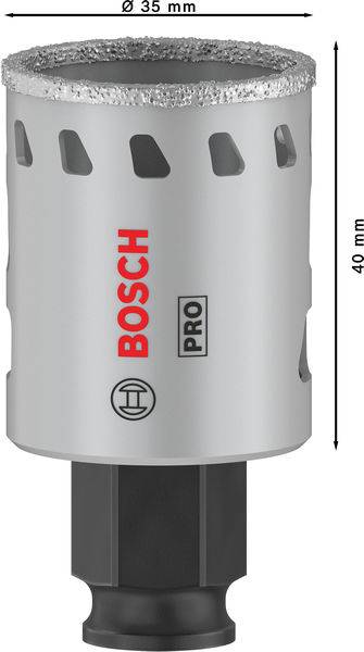 Bohreraufsatz mit Lochsäge, Marke 'Bosch'. Durchmesser: 35 mm, Höhe: 40 mm, silberfarben. Geeignet für professionelle Anwendungen.