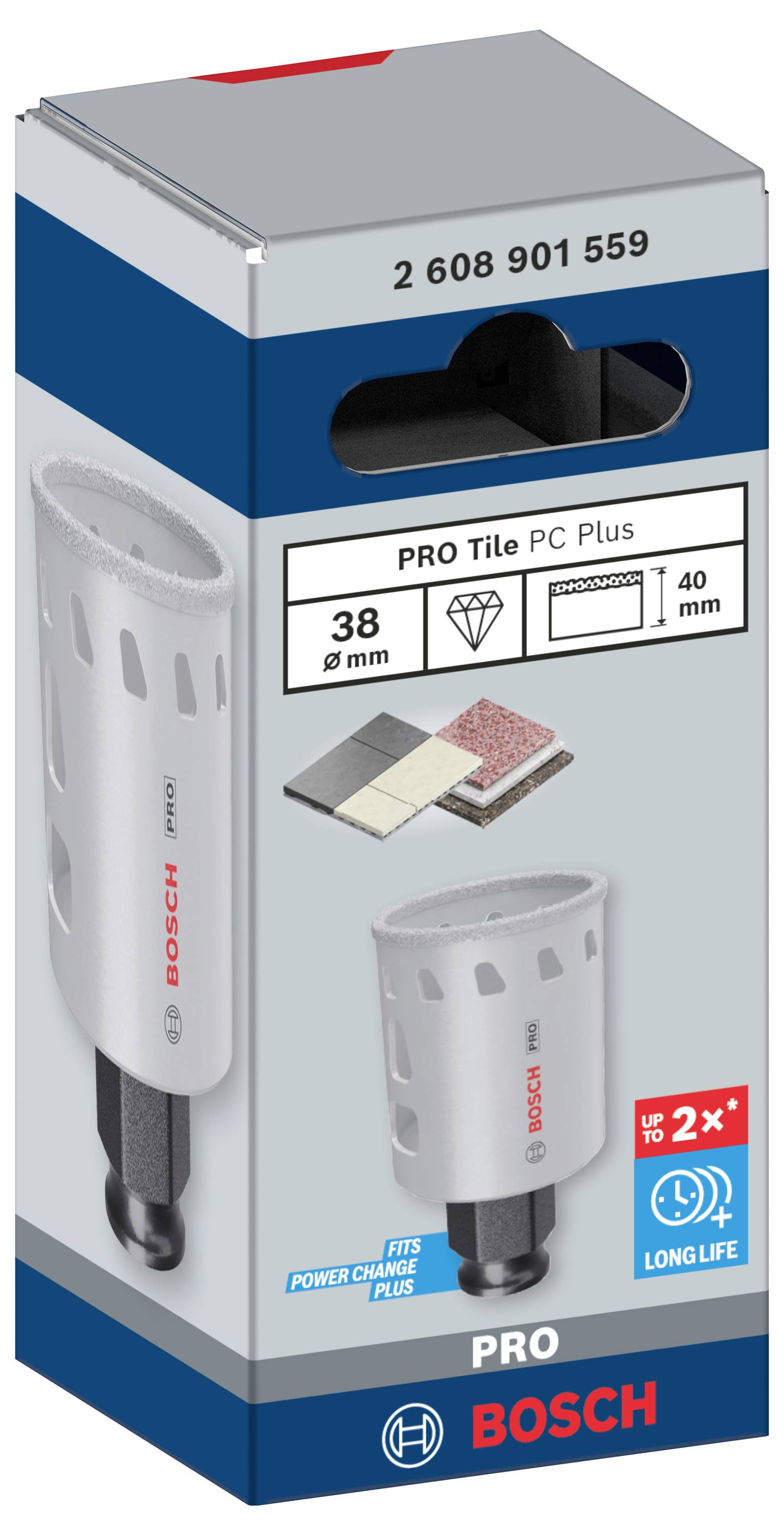 Eine Bosch PRO Fliesenbohrkrone mit 38 mm Durchmesser, geeignet für Fliesen bis 40 mm Dicke. Verpackung zeigt Diamantsymbol.