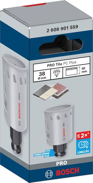 Verpackung eines Bosch Diamantbohrers 'PRO Tile PC Plus', 38 mm Durchmesser, für Fliesen, maximal 40 mm Tiefe, lange Lebensdauer.
