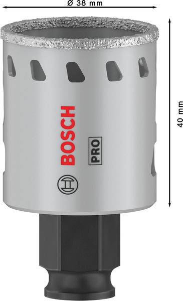 Diamant-Lochsäge von Bosch, silberfarben, 38 mm Durchmesser, 40 mm Höhe, für professionelle Anwendungen.