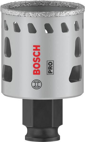 Graue Lochsäge mit diamantbesetztem Rand und schwarzem Schaft. 'Bosch Pro'-Logo auf der Seite. Werkzeug zum Bohren in harte Materialien.